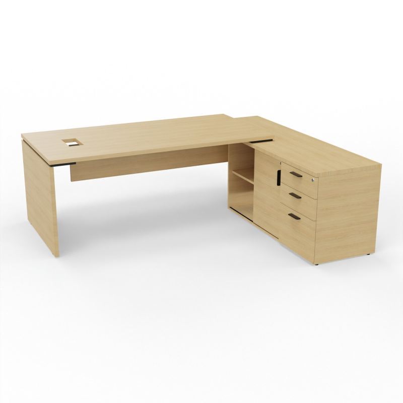 KARA BUREAU RECT. P90X180+MEUBLE PORTEUR A DROITE DECOUPE TRAPPE LATERALE