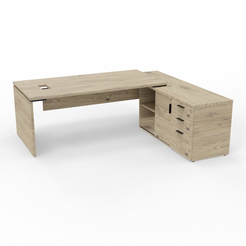 KARA BUREAU RECT. P90X180+MEUBLE PORTEUR A DROITE DECOUPE TRAPPE LATERALE