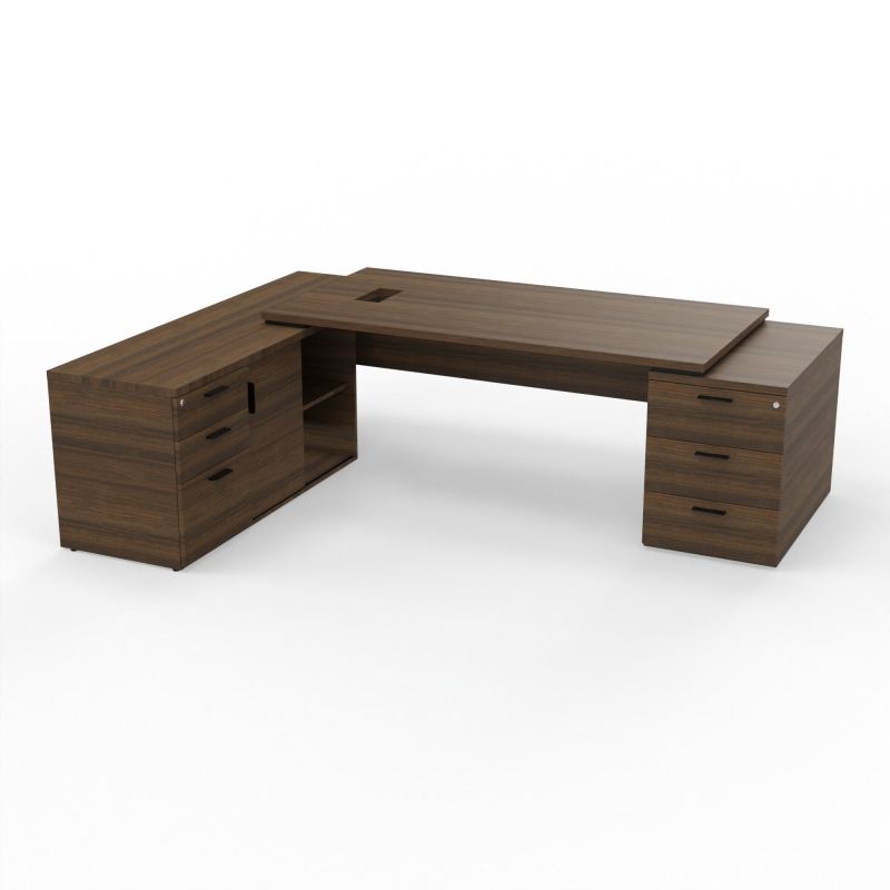 KARA BUREAU RECT. P90X180+MEUBLE PORTEUR A GAUCHE+CAISSON 3T A DROITE DECOUPE TRAPPE LAT.