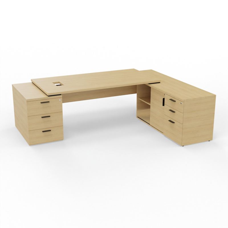 KARA BUREAU RECT. P90X180+MEUBLE PORTEUR A DROITE+CAISSON 3T A GAUCHE DECOUPE TRAPPE LAT.