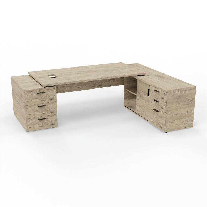 KARA BUREAU RECT. P90X180+MEUBLE PORTEUR A DROITE+CAISSON 3T A GAUCHE DECOUPE TRAPPE LAT.