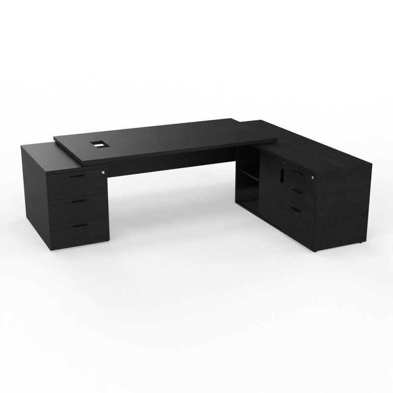 KARA BUREAU RECT. P90X180+MEUBLE PORTEUR A DROITE+CAISSON 3T A GAUCHE DECOUPE TRAPPE LAT.